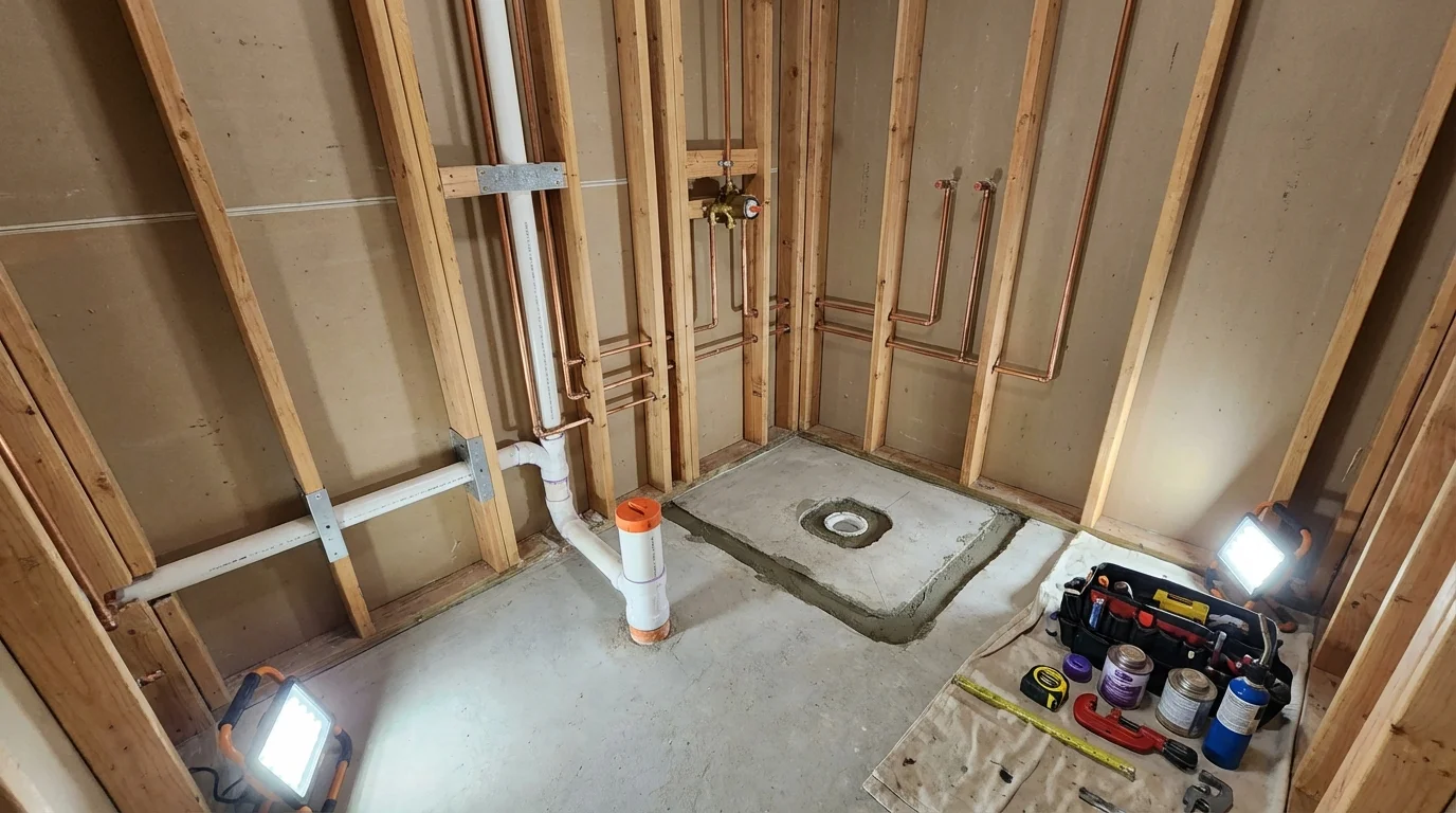 Bathroom rough-in plumbing during remodel by Johns Plumbing LLC in Moweaqua