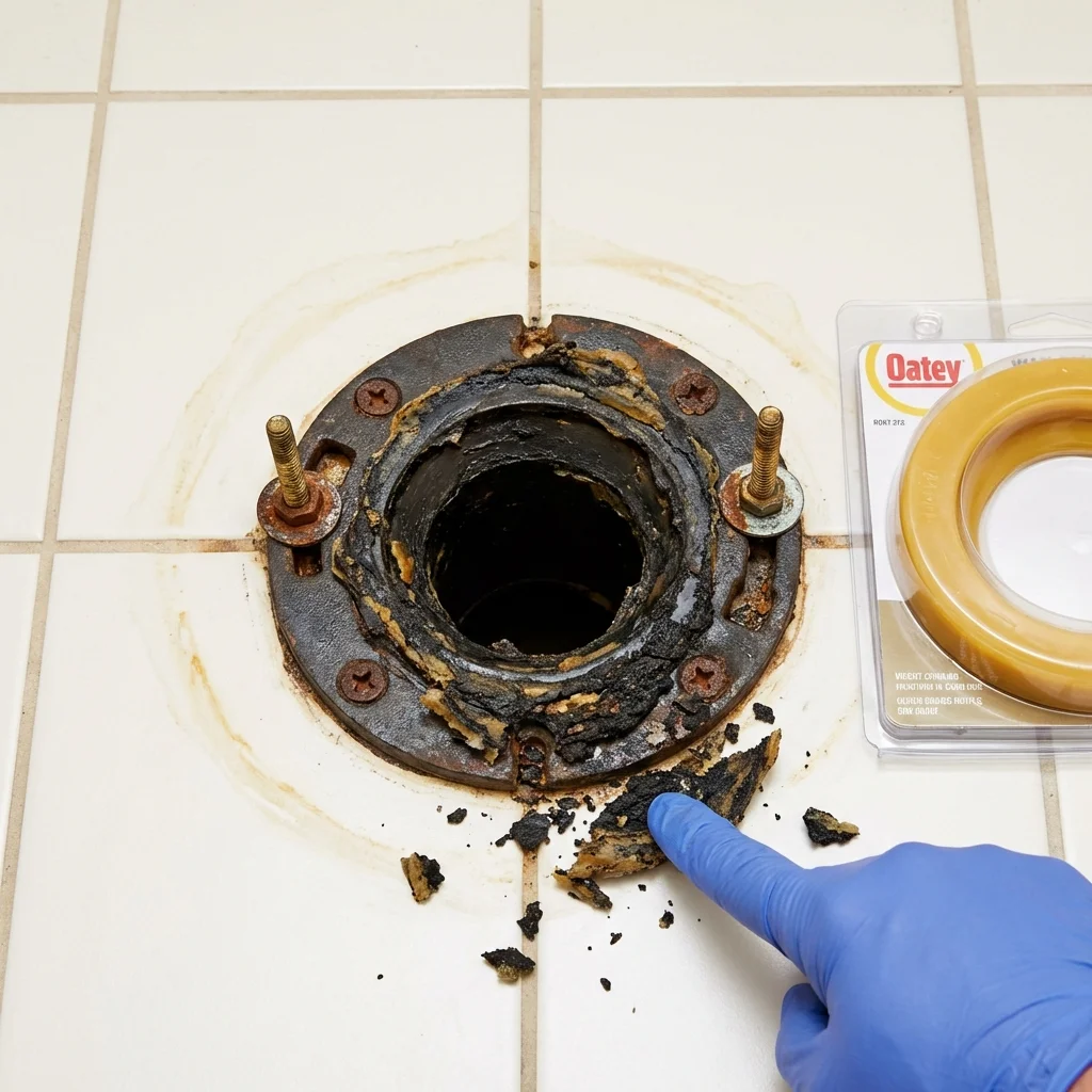 Failed wax ring showing water seepage at the base of a toilet in a Moweaqua, IL home