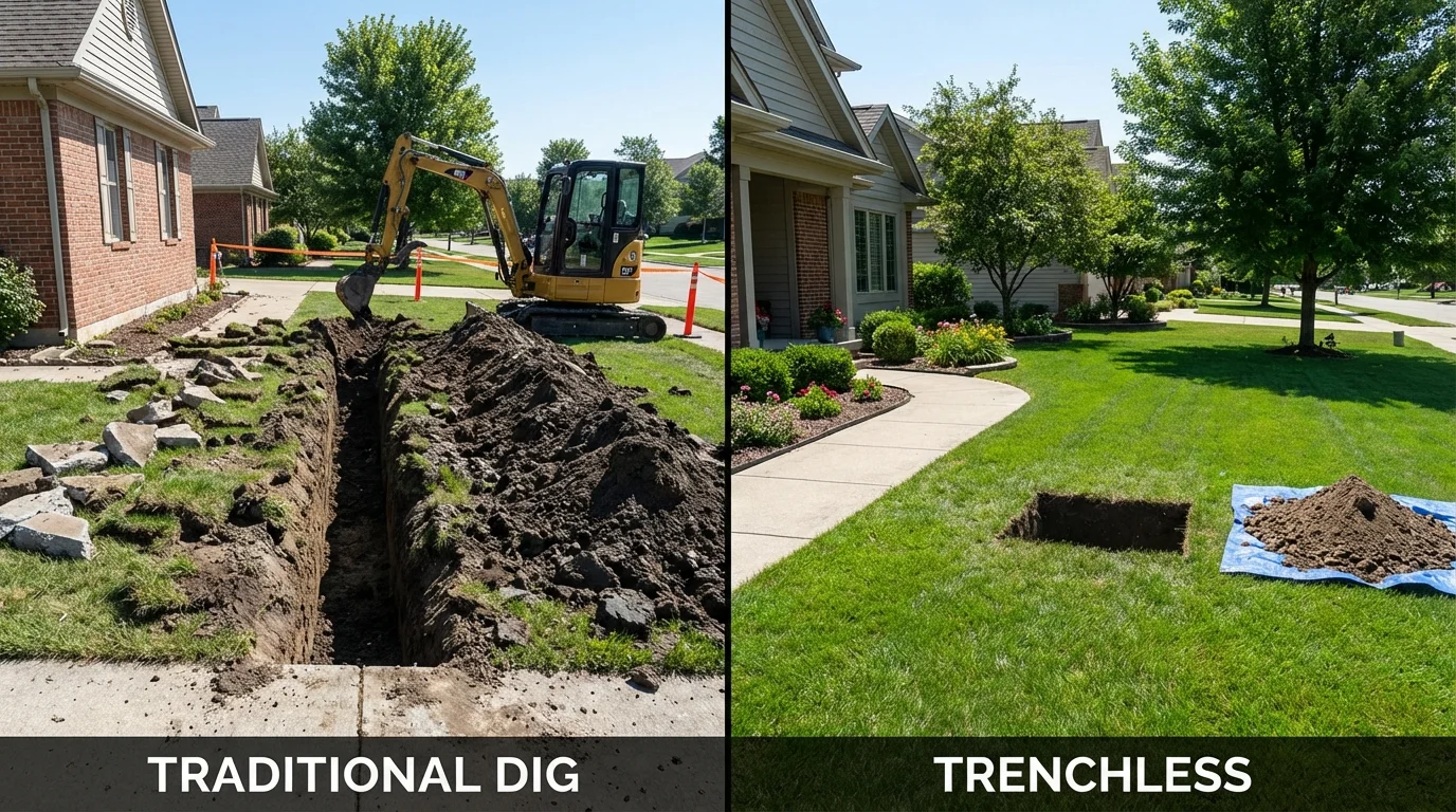 Trenchless sewer repair with minimal yard damage versus traditional excavation in Moweaqua, IL