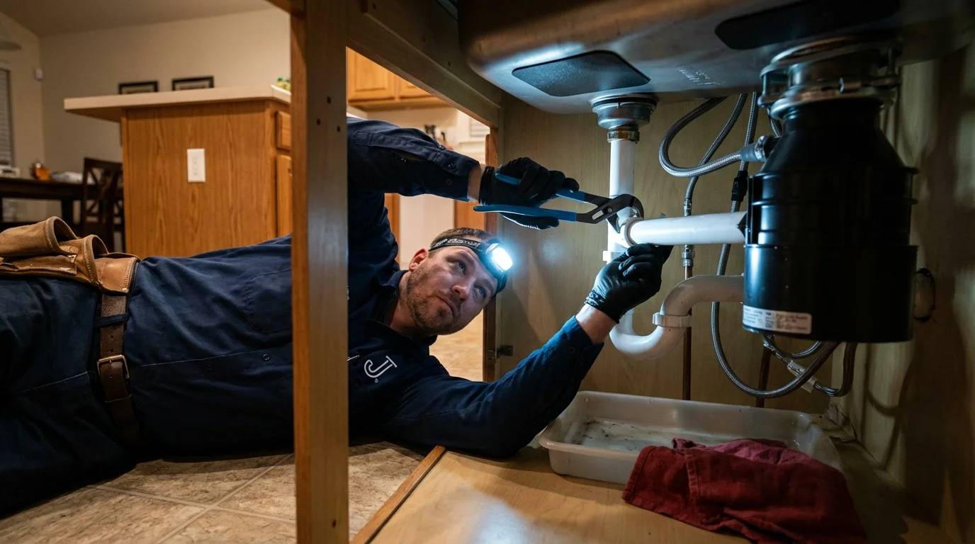 P-trap and supply line connections under a kitchen sink showing a common leak point in Moweaqua, IL